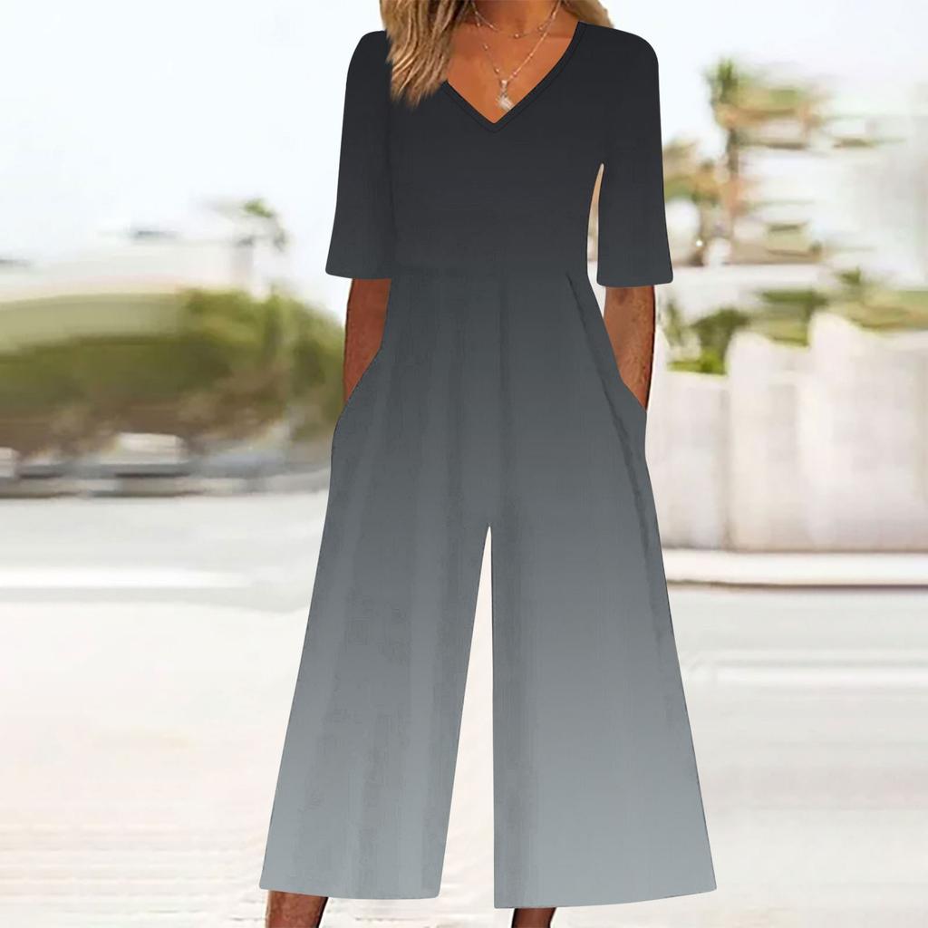 Women's Loose Casual V-Neck Gradient Printed Jumpsuit Slim Fit Wide Leg Jumpsuit
