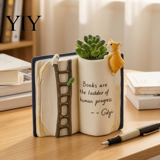 Artistic Reading Lover Gift Book Shaped Flower Pot, Creative Planter with Ladder Puppy And Bird Design for Versatile Balcony Decoration Succulents