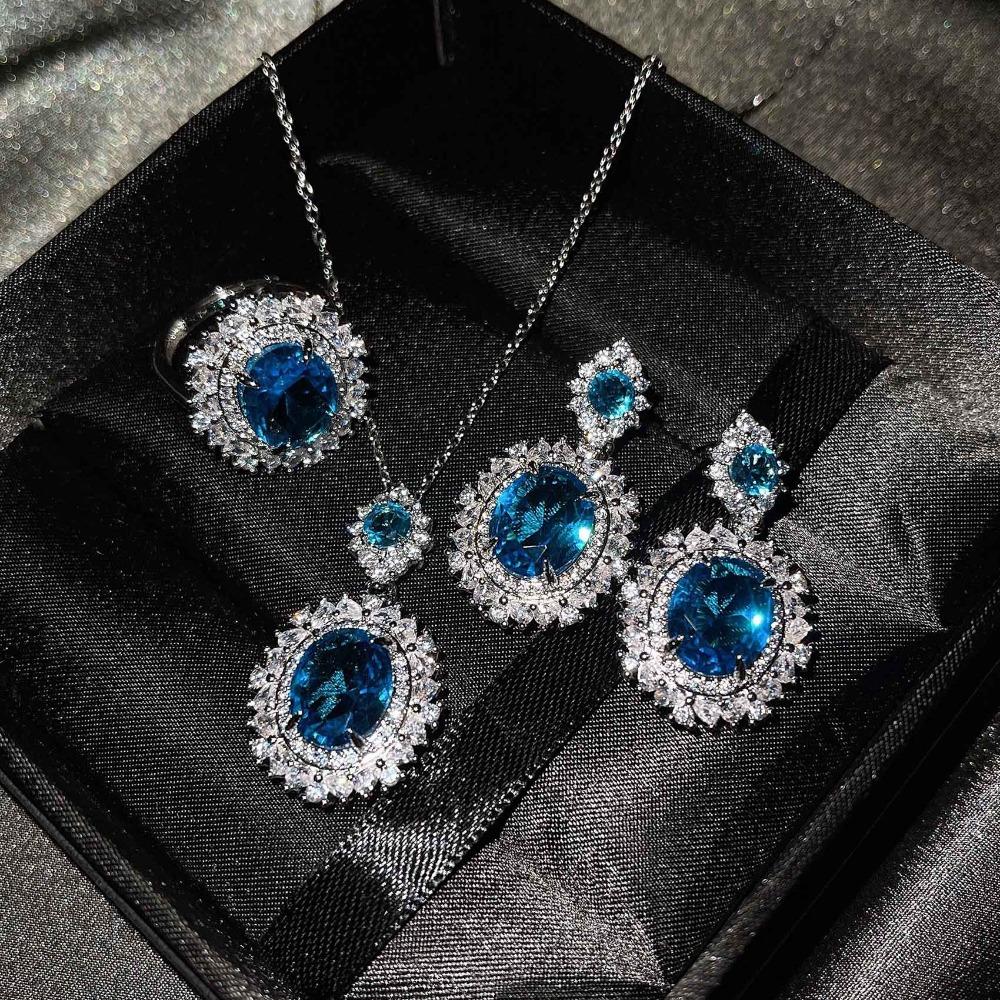 Luxury Women Jewelry Set with Blue Topaz Ring Citrine Earrings Pink Diamond Necklace European American Style