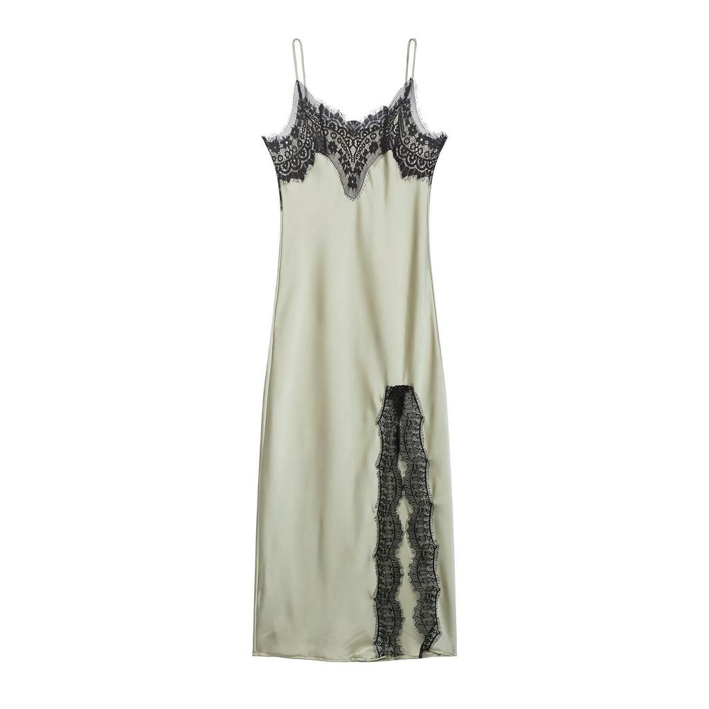 Spring 2026 European & American Lace Trim Camisole Maxi Dress with Sexy Slit