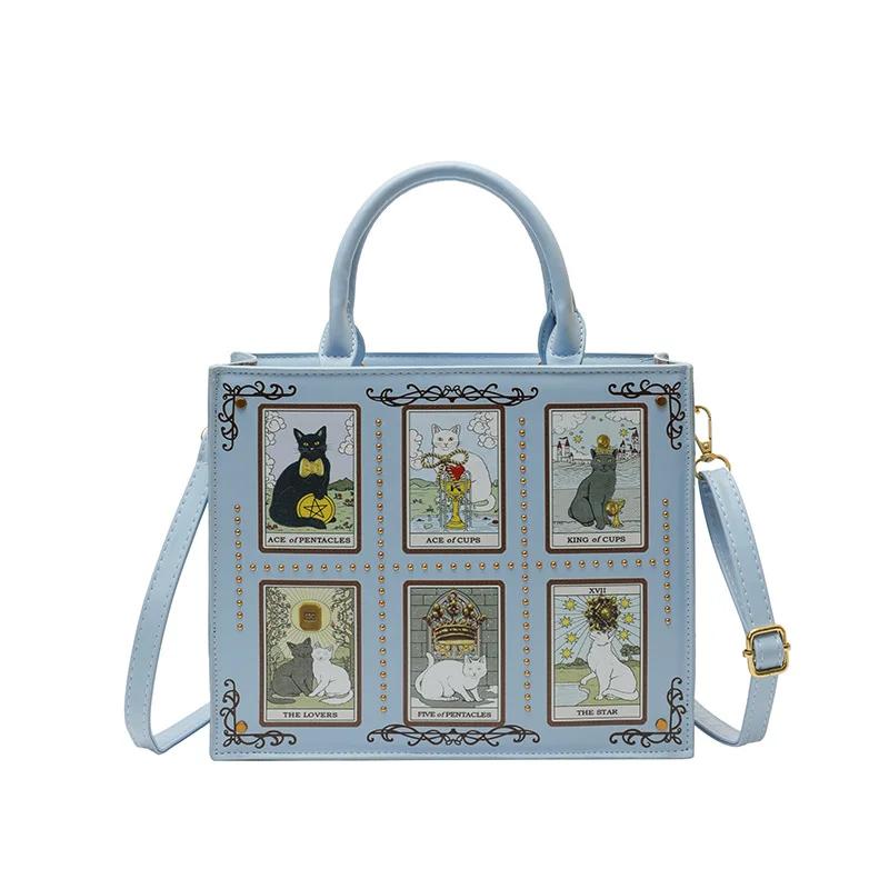 Modische Katzen-Elf Handtasche Top-Handle-Tote-Bag Quadratische Crossbody-Umhängetasche Niedliches Katzenmuster Vielseitige Tote-Bag Aktentasche für Damen
