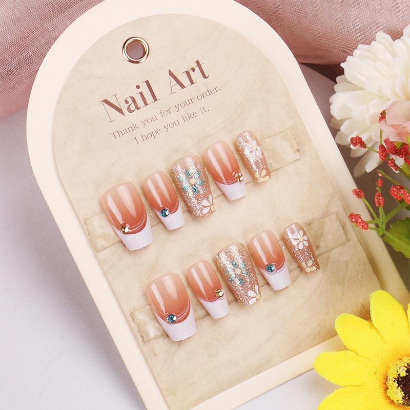 Wearable Flower Rhinestone French Nail Art Set - 30 Removable Short Handmade Pieces