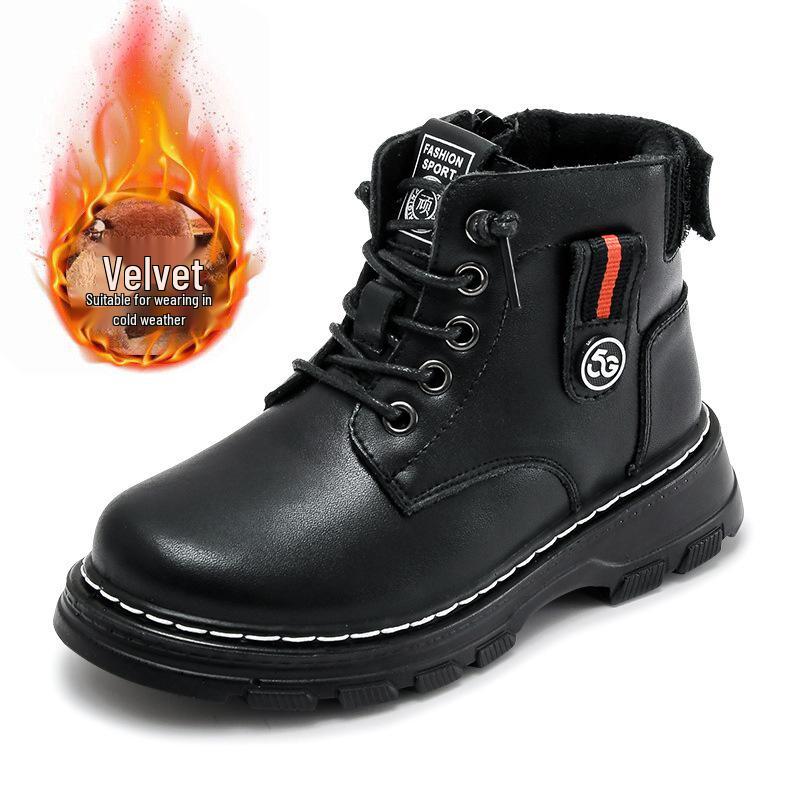 Children's Black Martin Boots - Boys' 2025 Autumn & Winter Non-slip Velvet Hiking Boots