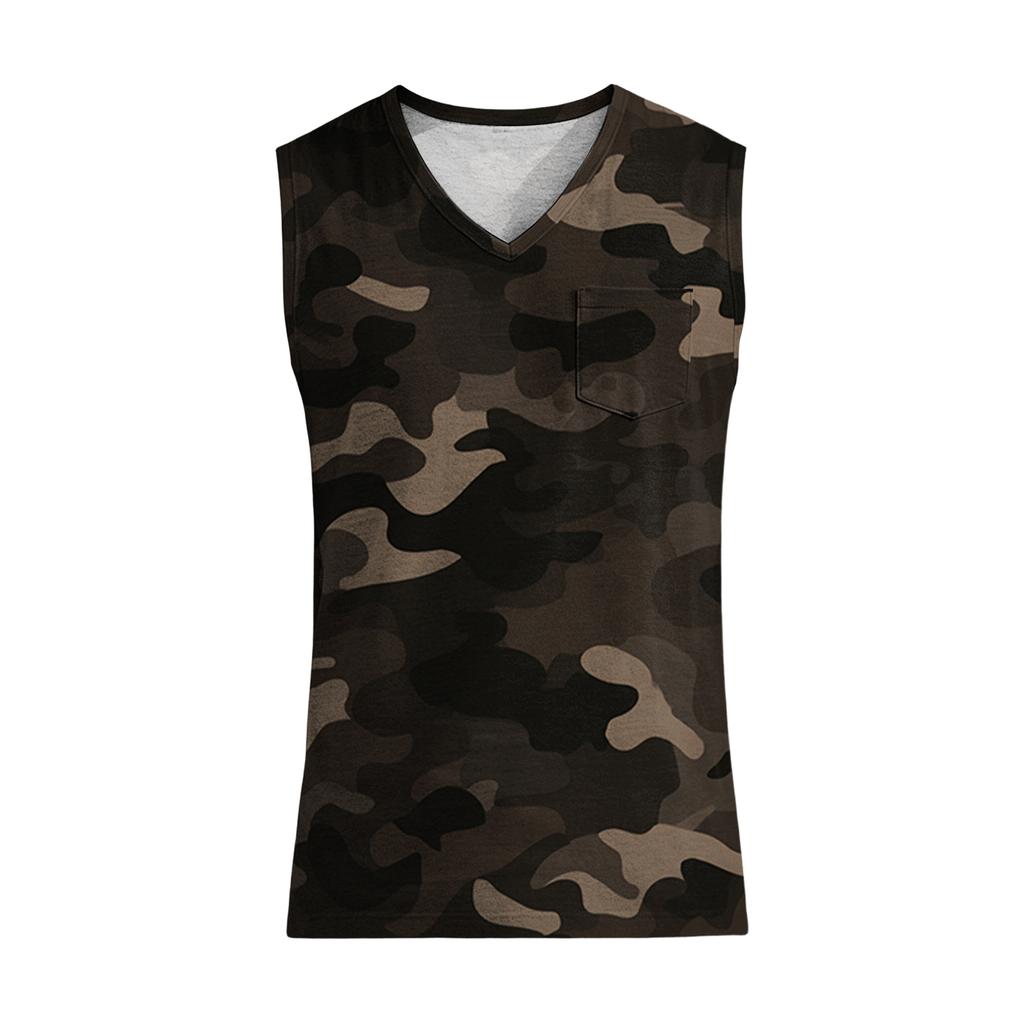 Men V Neck Sleeveless Camouflage Print Tank Top with Chest Pocket Casual Loose Fit Lightweight Shirt for Summer Outdoor Activities