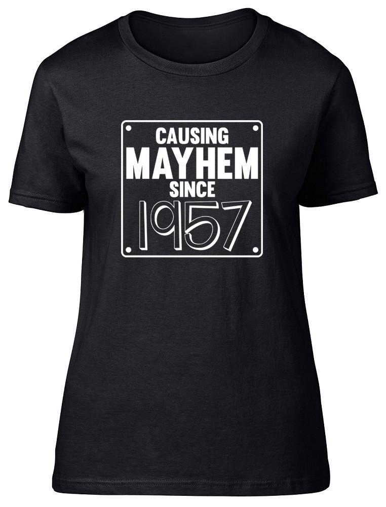 Womens Ladies Causing Mayhem since 1957 Birthday Fitted T-Shirt XL