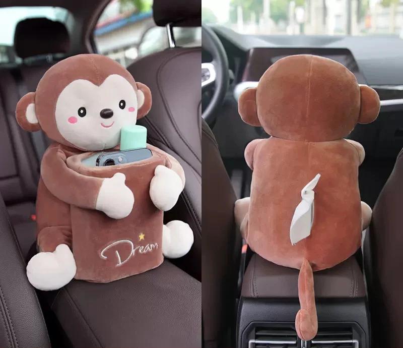 Uchwyt na chusteczki montowany w samochodzie 2 w 1 Kreskówkowa pluszowa lalka Automatyczny schowek w podłokietniku Wiszący pojemnik na papier do przechowywania Kosz na śmieci samochodowy i uchwyt na chusteczki