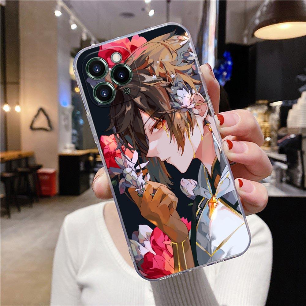 Průhledný kryt na telefon pro Apple iPhone 12 11 13 Pro Max mini XS X XR 7 8 6 Plus SE pouzdra kryt anime Genshin Impact květina hra