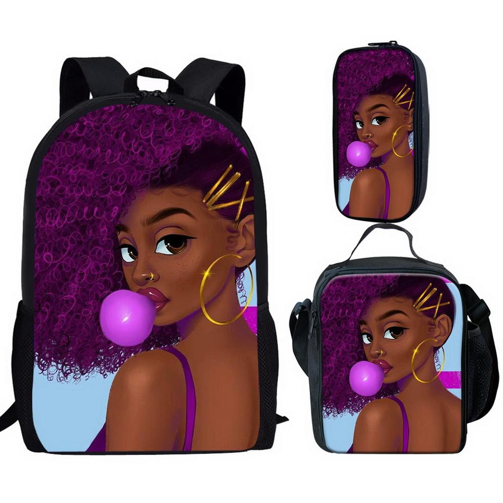 Classic Popular Novelty African Girl 3D Printed 3pcs/Set Pupil School Bags Laptop Daypack Backpack Lunch Bag Pencil Case