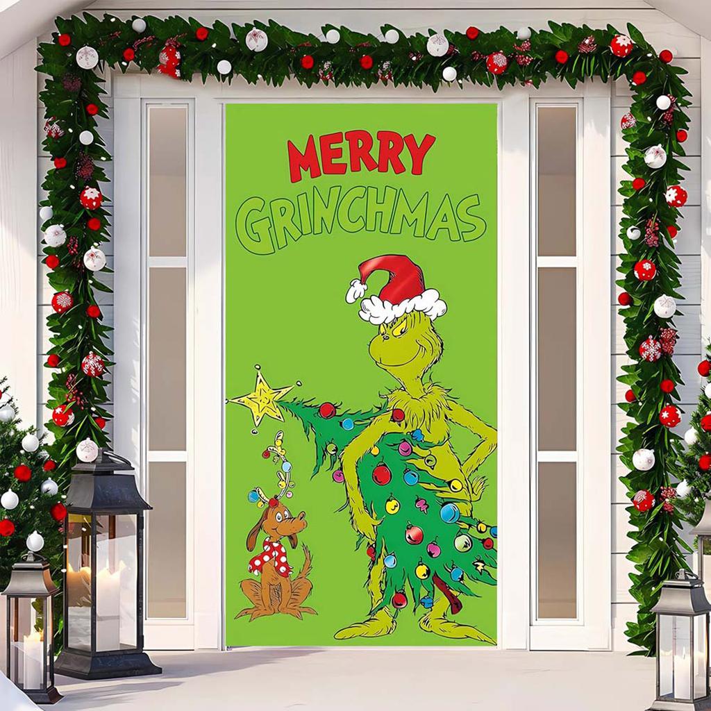 Capa de Porta de Natal Pano Decorativo Pendurado Capa de Porta Verde Cortina de Porta de Natal Tapeçaria de Ano Novo Fundo de Capa de Porta