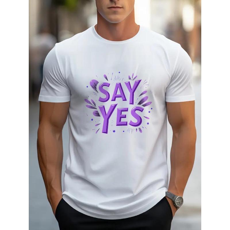 European Size Men's Crew Neck T-Shirt - Black with Purple Floral &"Say Yes" Graphic Print, Summer Casual Short Sleeve Tee,Regular Fit Machine Washable