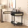 US Half-Moon Rattan Console Table Wood Accent Tables With 2 Rattan Storage Drawers And Bottom Shelf For Living Room Hallway