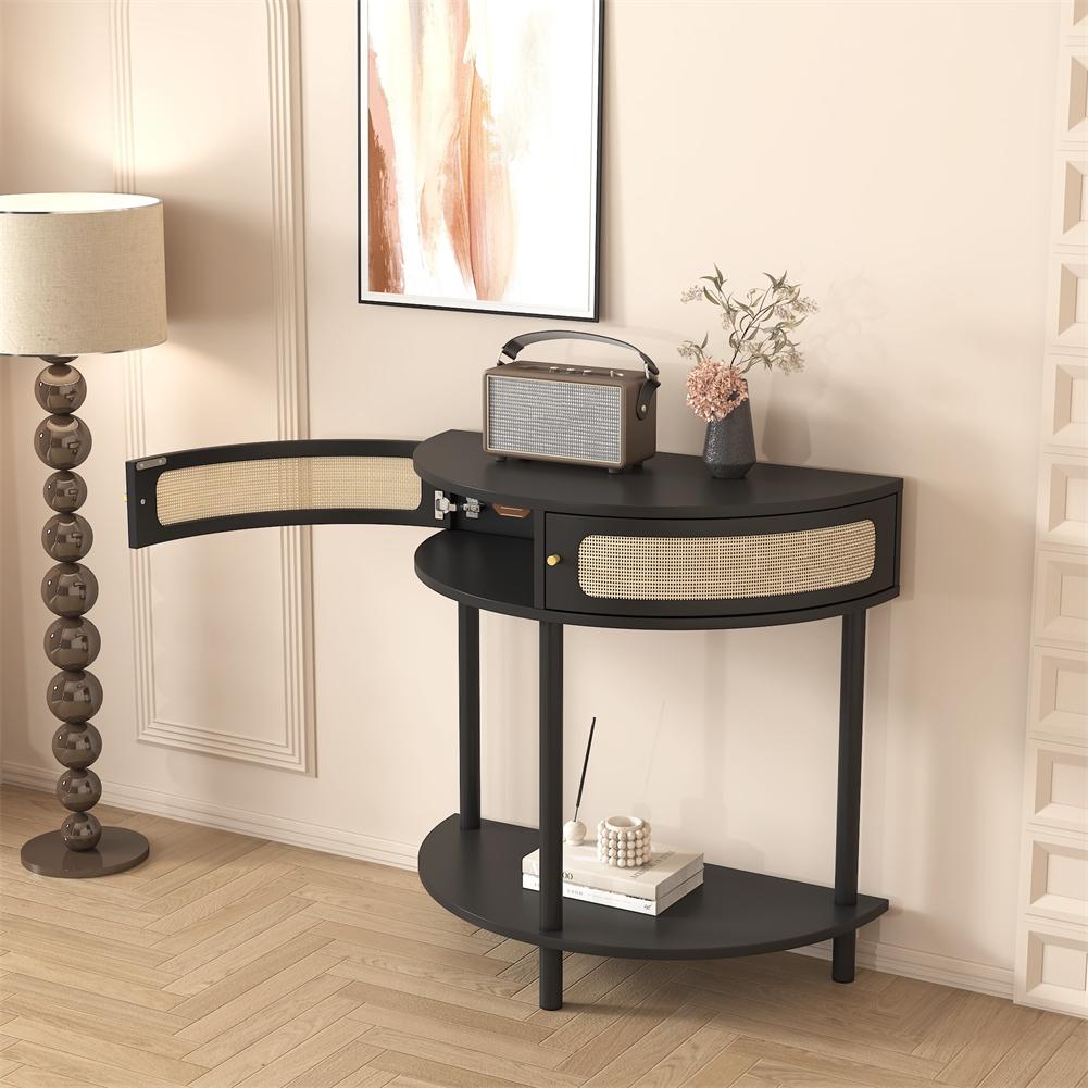 US Half-Moon Rattan Console Table Wood Accent Tables With 2 Rattan Storage Drawers And Bottom Shelf For Living Room Hallway