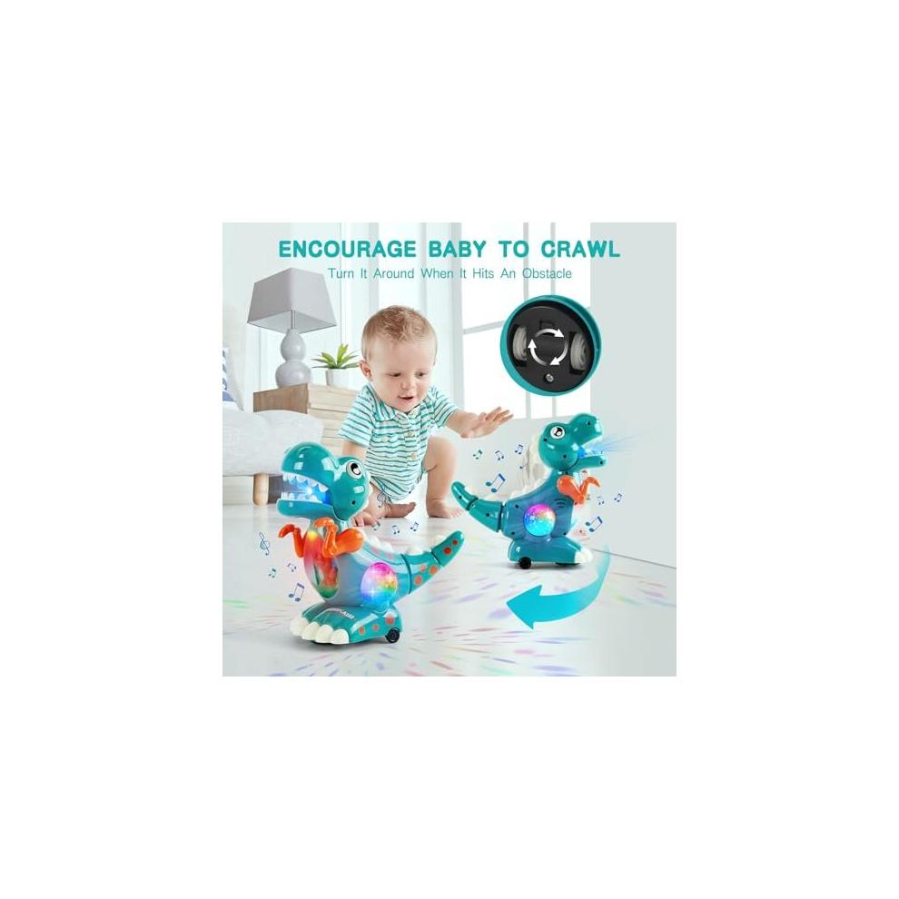 Tokidaring Musical Dino Toy: Crawling & Walking Green Dinosaur for Boys, Automatic Movement, Obstacle Avoidance, LED Lights, Safe ABS, Gift for 3+