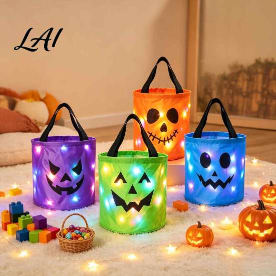 Large Capacity Holiday Gift Holders LED Light Up Halloween Bucket Glow In The Dark Trick or Treat Candy Treating Gear for Children Bag with
