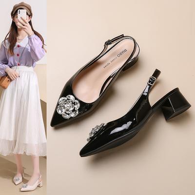Rhinestone Bag Head Sandals Women's Summer One-pedal Pointed Fashion Shoes Flower Temperament Heels OL Women's Shoes Tide