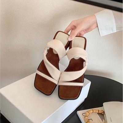 Internet Celebrities with the Same Two Wear Drag~ 4cm Square Head Heightened Thick Bottom Wrap with Beach Vacation Slippers Women Sandals Wear Summer