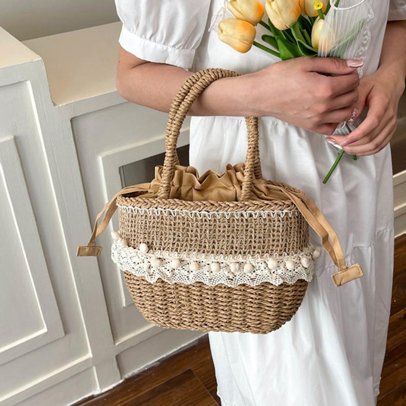 Yogodlns Women Straw Woven Bag Straw Tote Bag Large Capacity Weaving Shoulder Purse with Lace Woven Shopping HandBag Summer Beach Clutch