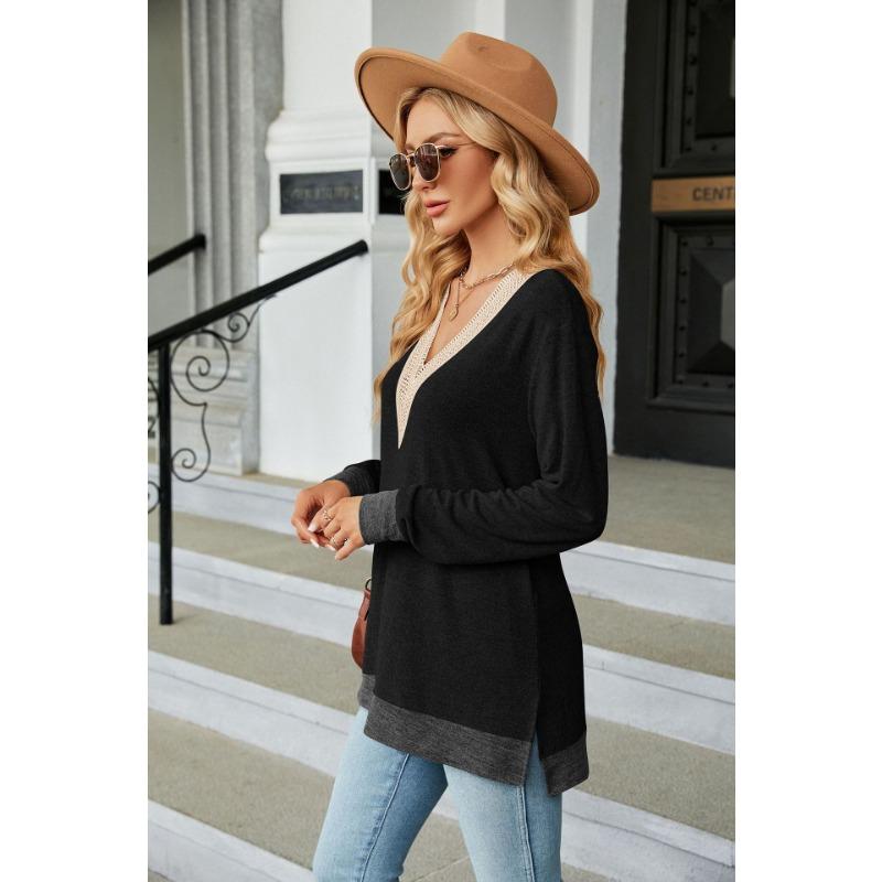 Autumn and Winter Lace V-neck Contrasting Contrasting Slit Loose Long-sleeved T-shirt Tops for Women