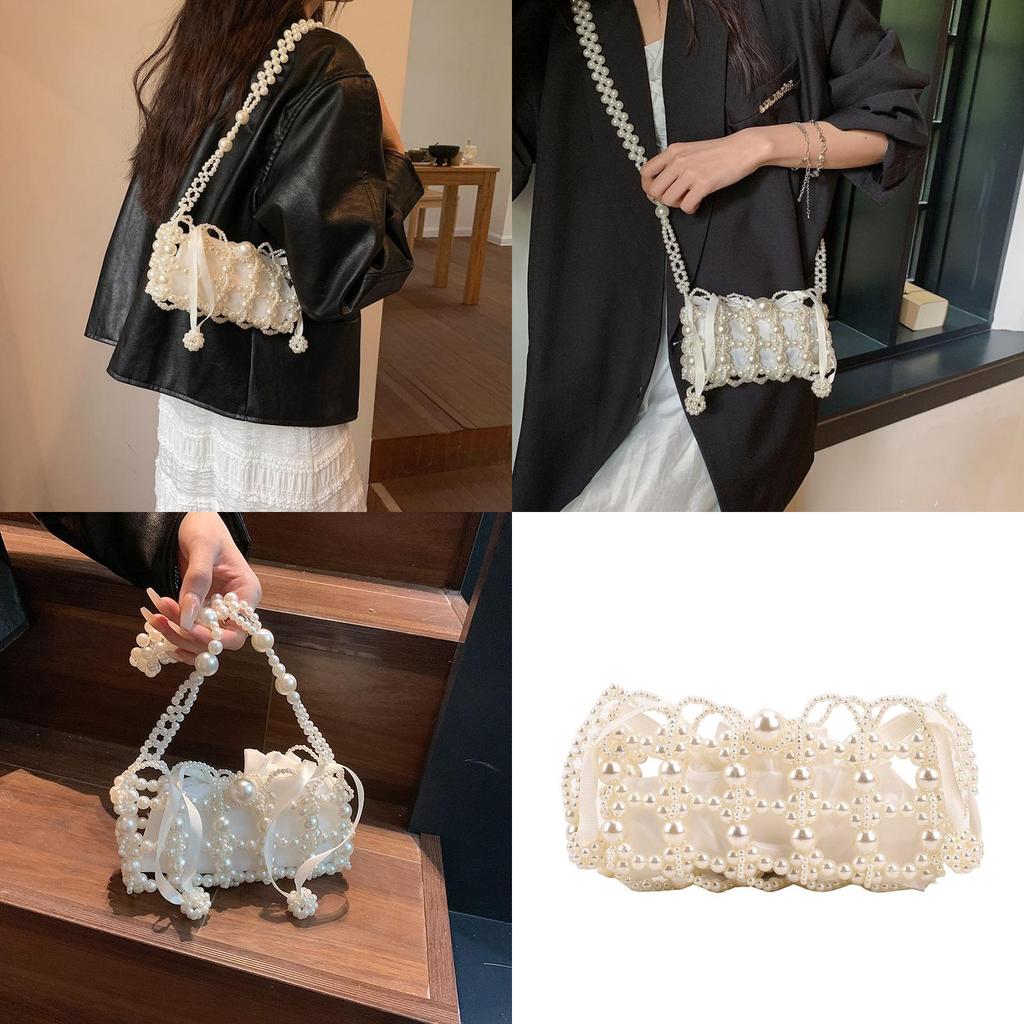 Girls Fashion Mini Woven Crossbody Bag With Pearl Accents And Phone Compartment