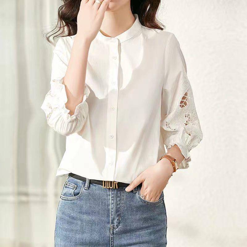 Fashion Hollow Out Embroidery Blouse Women New Classic 3/4 Sleeve Sense of Design Solid Color Single-breasted O-collar Top
