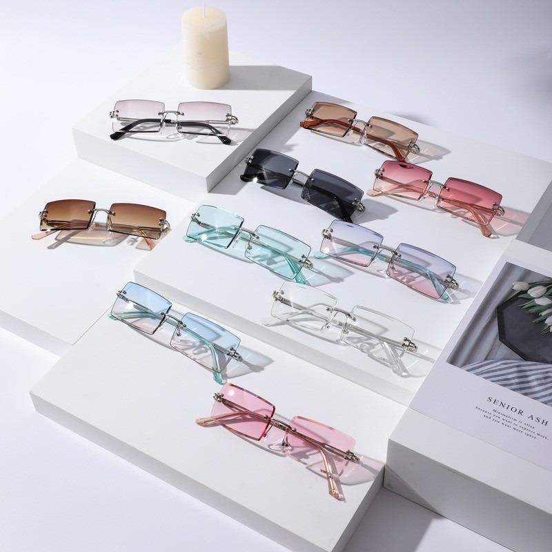 2pcs Sunglasses For Women Fashion Rimless Beach Gradient Sunglasses Original Rectangle Glasses UV400 Eyeglasses