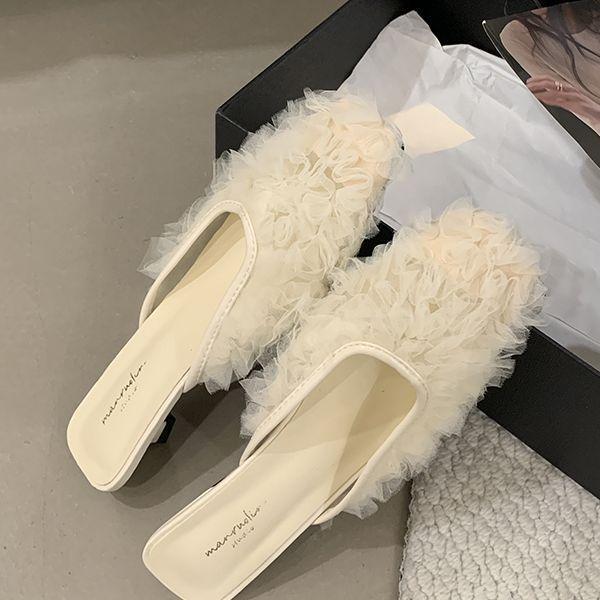Korean Version of Lace Princess Shoes, Mesh Yarn, Breathable Square Head Low-heeled Shoes, Wearing Bag Head and Half Slippers, Lazy Dragging Fair