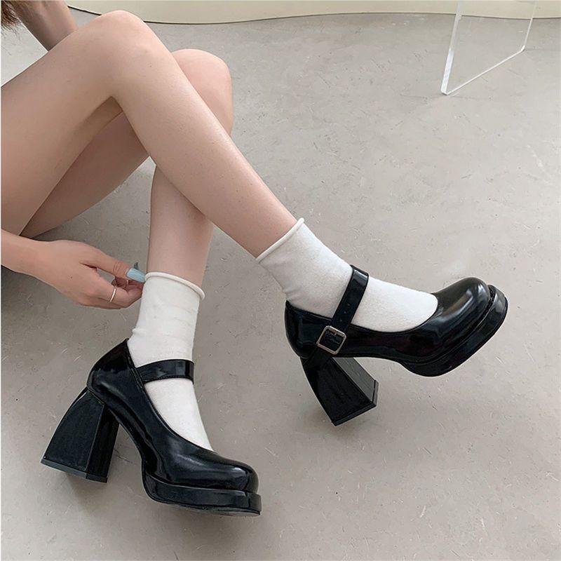 High heels women's French one-word buckle with Mary Jane shoes waterproof table thick heel single shoes versatile black temperament small leather sho