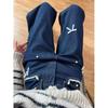 Retro Dunkelblaue Jeans für Damen Frühling Herbst Süße Spitze Schleife Jeans Weiblich Amerikanischer Stil Gerade Locker Weitbeinige Hose