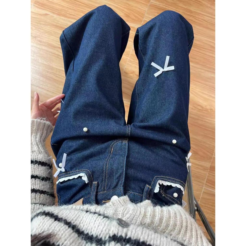 Retro Dunkelblaue Jeans für Damen Frühling Herbst Süße Spitze Schleife Jeans Weiblich Amerikanischer Stil Gerade Locker Weitbeinige Hose