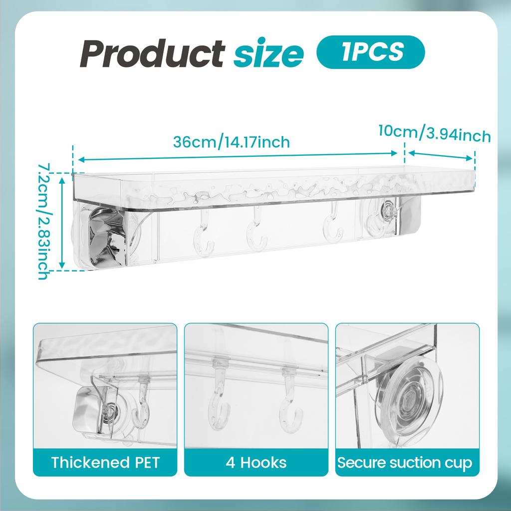Suction Cup Bathroom Shelf No Drilling Shower Caddy Clear with 4 Hooks No Drilling Wall Shampoo Conditioner Soap Organizer
