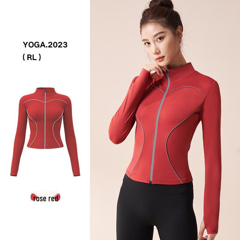 Spring Peach Sports Jacket: Stand-Up Collar, Slim Fit, Reflective, Long Sleeve, Windproof for Yoga, Running, and Cycling.