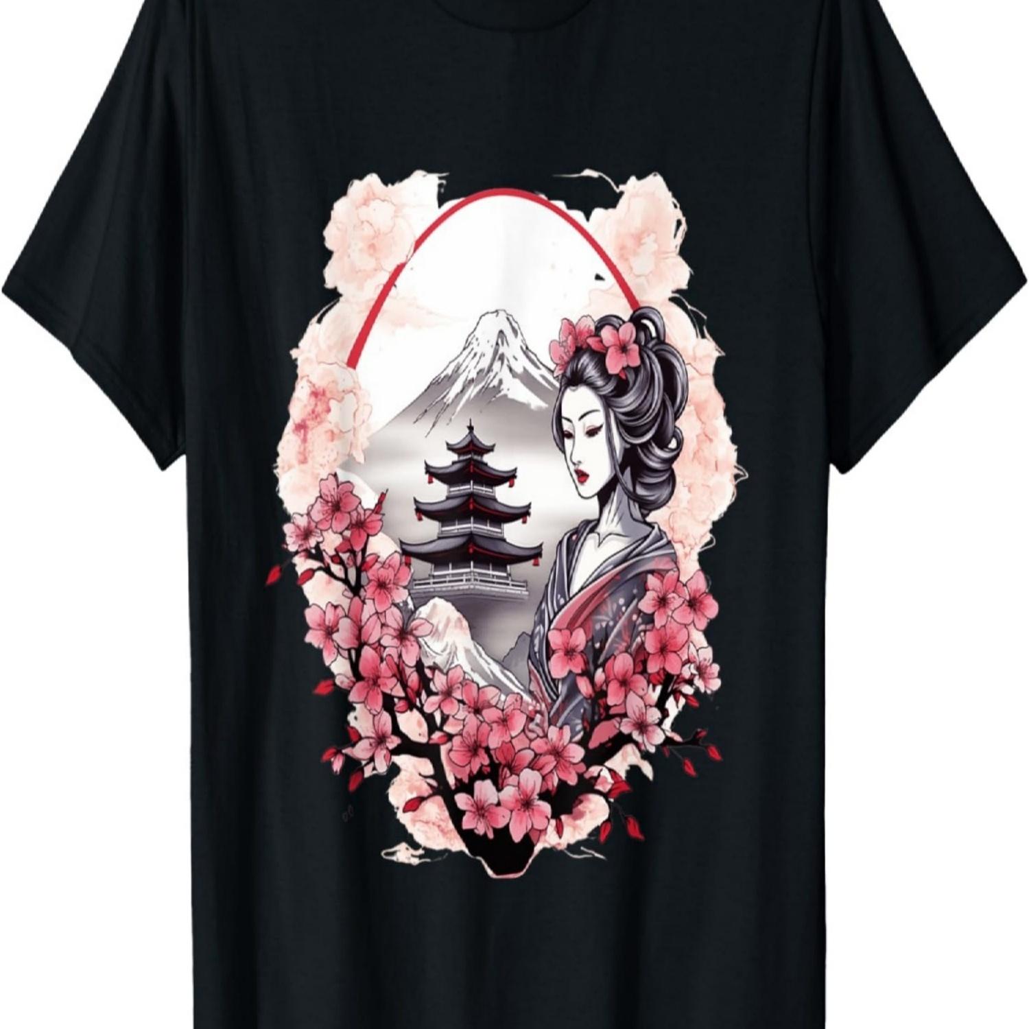 Футболка с гейшей, горой Фудзи, пагодой и цветами сакуры(12) S чёрный