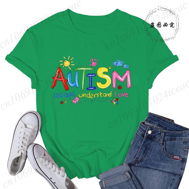 Brushstroke Autism Print Women's Streetwear T-Shirts Female T Shirts Autism Awareness Fashion Graphic Tees Tops Women Clothing