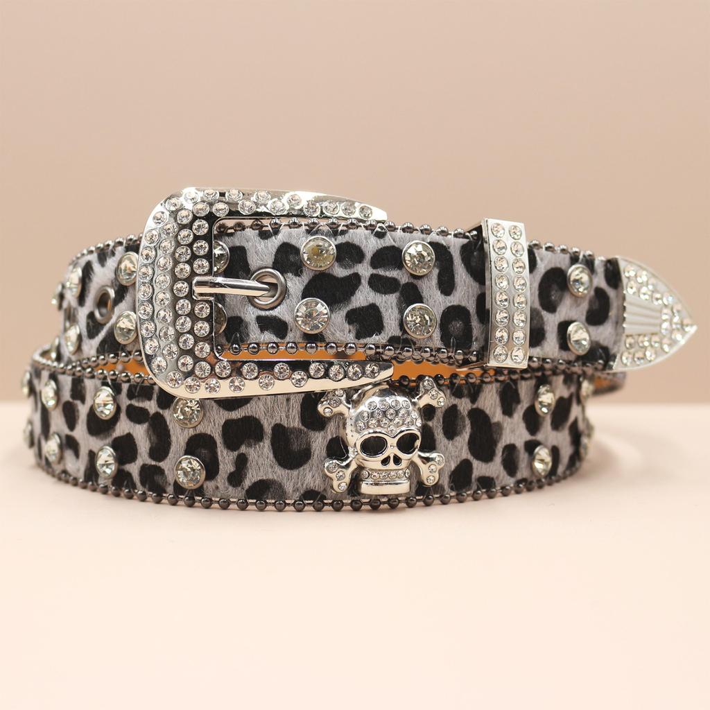 Cross Belt Leopard Print Western Rhinestone Belt Personalized Denim Woman Rivet Jeans Belt