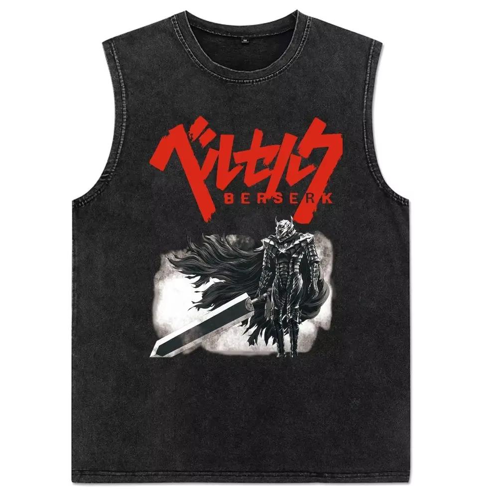 Vintage Washed Cotton Sleeveless Vest Harajuku Anime Print Loose Fit Streetwear Summer Men's Women's Tank Top