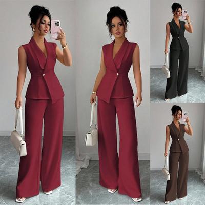 Women's Relaxed Fit Two Piece Pantsuit Sleeveless Blazer Top High Waist Wide Leg Trousers Solid Color Elegant Commuter Matching Outfit