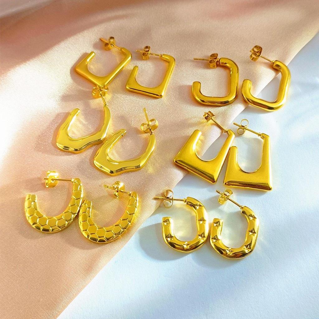 Geometric Hammered Stainless Steel Stud Earrings - Fashionable Cold Style Jewelry