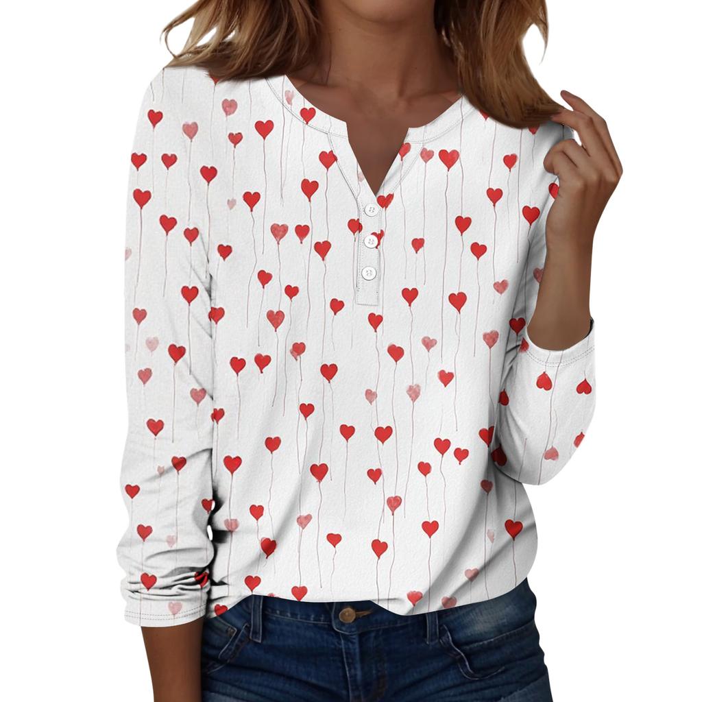 Damen T-Shirt mit Weihnachtsdruck, Knopfleiste, lange Ärmel, für den Alltag, Wochenende, modisch, Basic, V-Ausschnitt, normales Oberteil