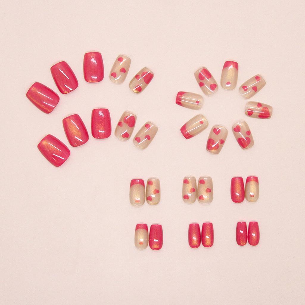 30pcs Cat Eye Press On Nails With Pink Heart Design Glitter False Nails For Women Girls Holiday Party Wear