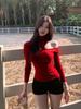 260g Cotton Modal American Spicy Girl High Neck Off-Shoulder Slimming Bodycon Waist-Cinched Chic Casual Top