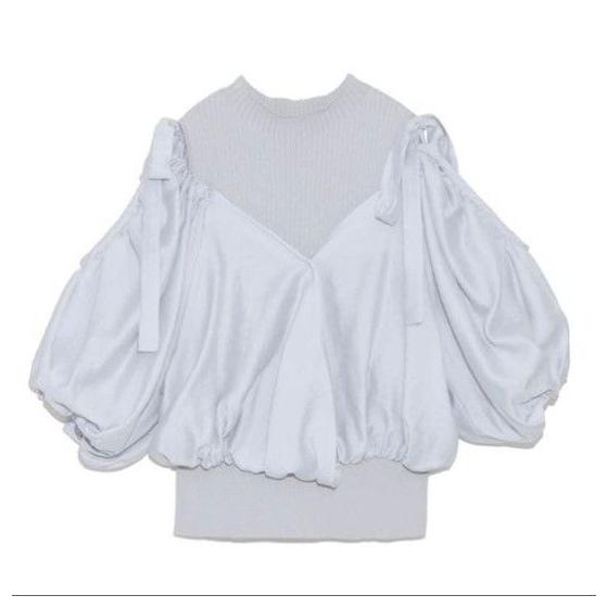 New and unused LILY BROWN Sheer docking layered knit tops Balloon sleeve Free size Blue