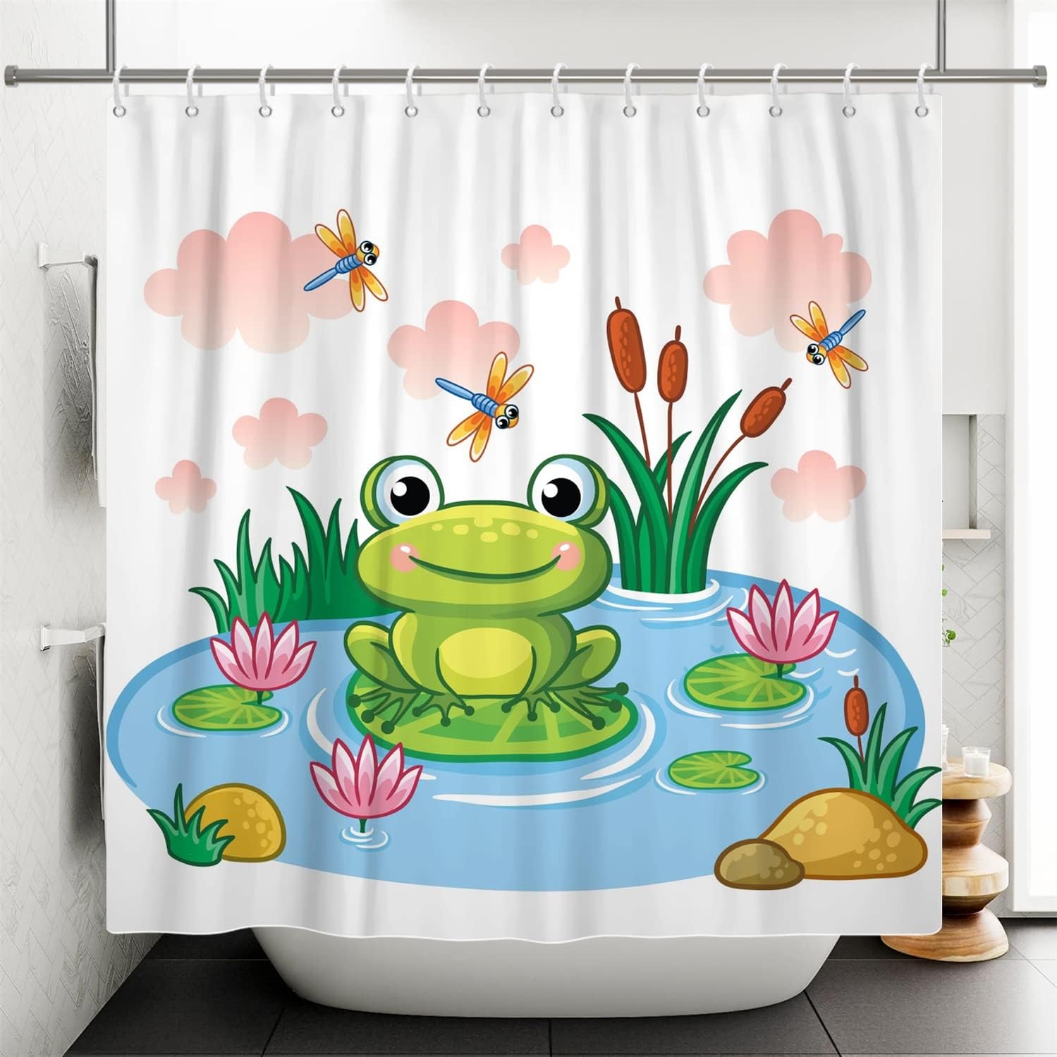 

Cute Frog Shower Curtain with Cartoon Frog on Lotus Leaf, Pond Flower Dragonfly Summer Animal Design Waterproof Bathroom Decor 90x180CM