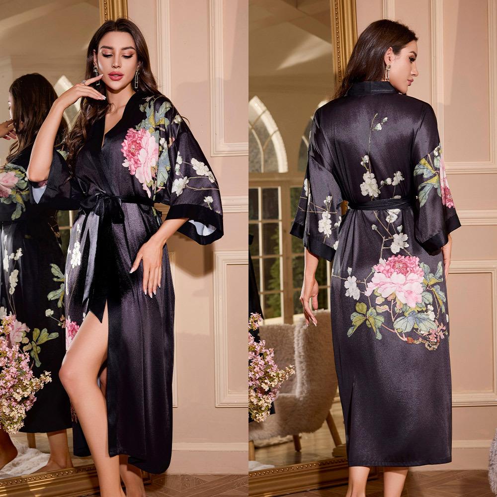 Female Long Robe Loungewear Elegant Chinese Style Kimono Bathrobe Gown Negligee New Silky Satin Sleepwear Nightgown Loose Pajama