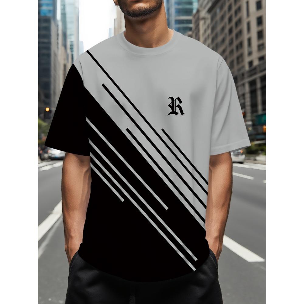 Fashionable and minimalist men's T-shirt with striped printed short sleeved shirt, oversized top for summer