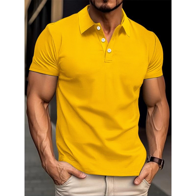 

Мужская летняя рубашка-поло с вафельными полосками, однотонная, на пуговицах, с короткими рукавами и лацканами M жёлтый