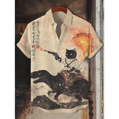 Fashion Mens Summer Hawaiian Shirt Vintage Calligraphy Cat Dinosaur 3d Print Shirt Short Sleeve Casual Beach Shirts