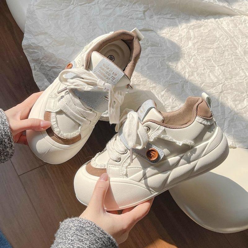 Bread Shoes Women's New Thick-soled Heightening Little White Shoes Versatile with Skirt Shoes Student Sports and Leisure Board Shoes