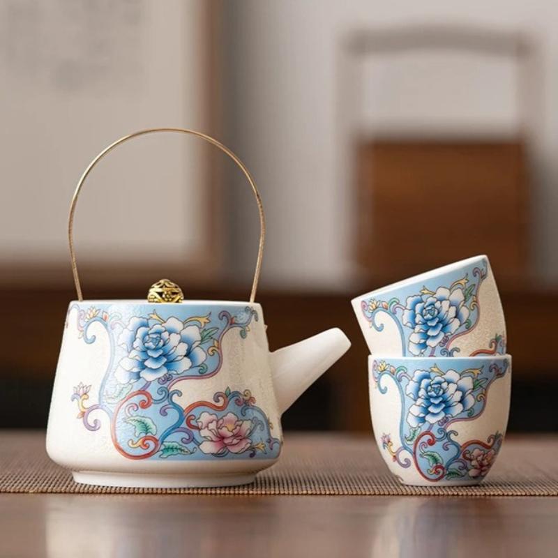 Enamel Cloisonn É Silver Tea Set High End Household Set of 1 Pot and 2 Cups Small Ceramic Kung Fu Teapot Tea Cup for Two People