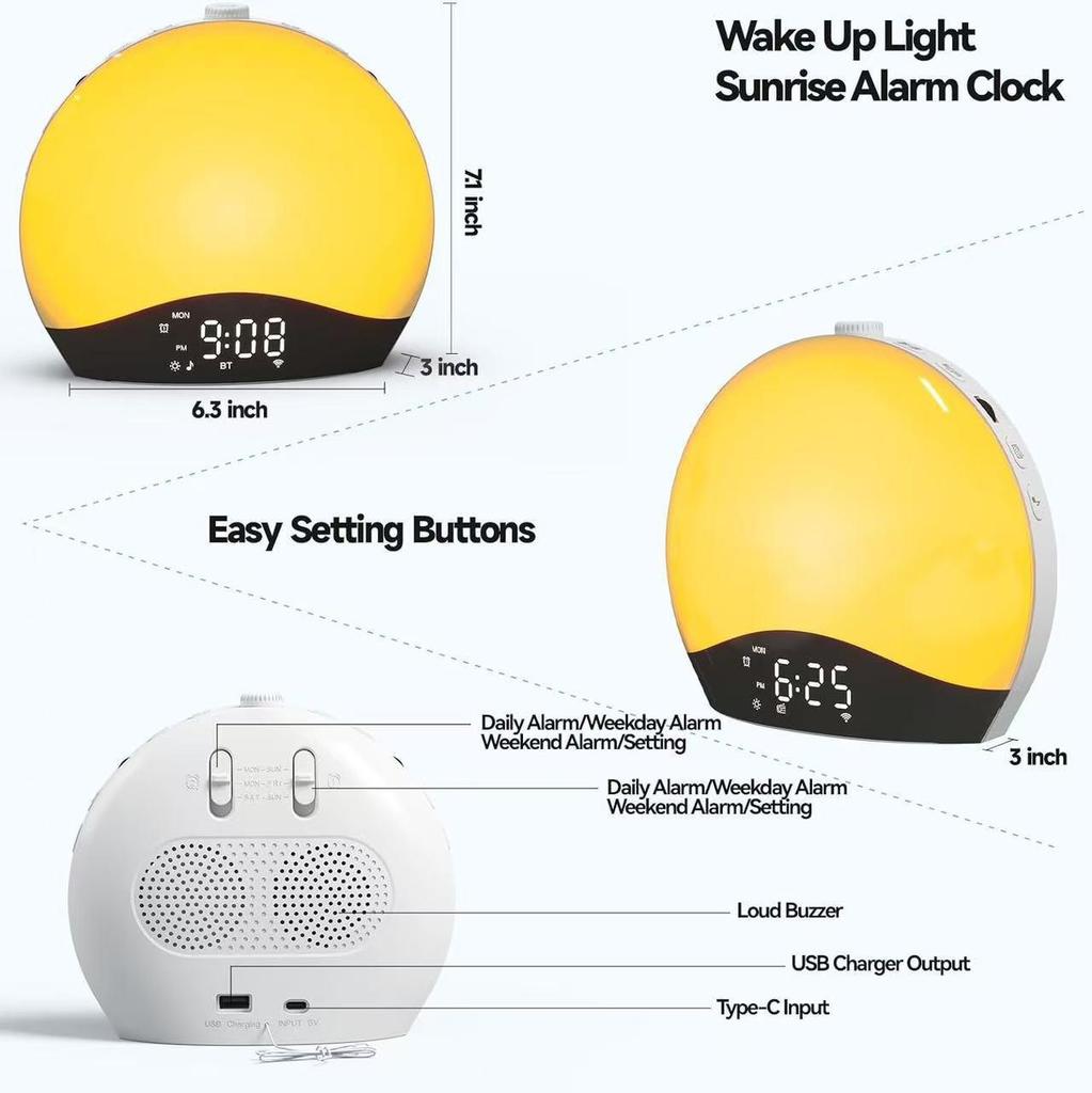 Popular Smart Sunrise Wake-up Light and White Noise Sleep Aid Alarm Clock with Atmosphere Lamp