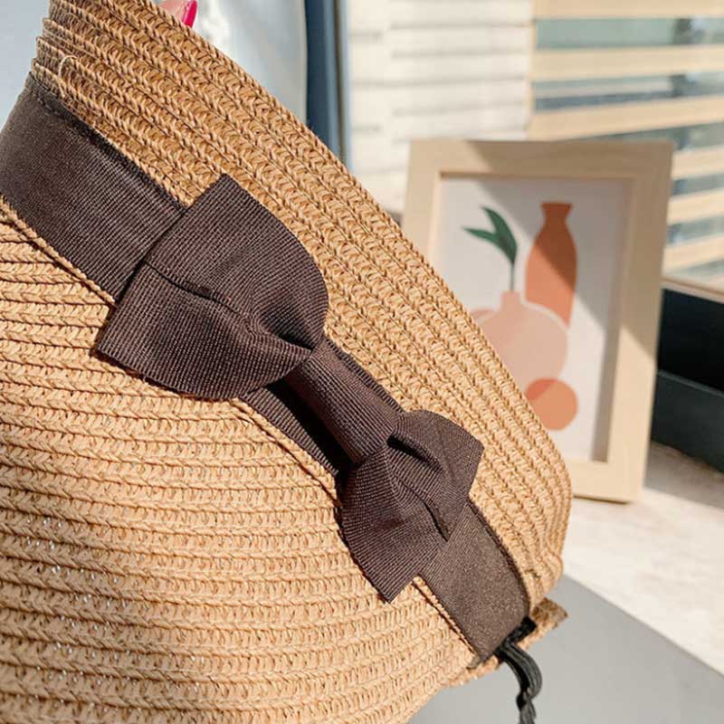 Chapeau De Plage D'été Rayé Pour Femmes Simple Nœud Papillon Haut Plat Large Bord Casquette De Paille Décontracté Marque Panama Par Dame